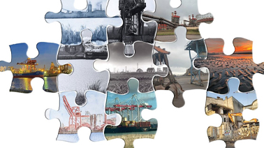 Visuel avec des pièces de puzzle montrant des ports maritimes