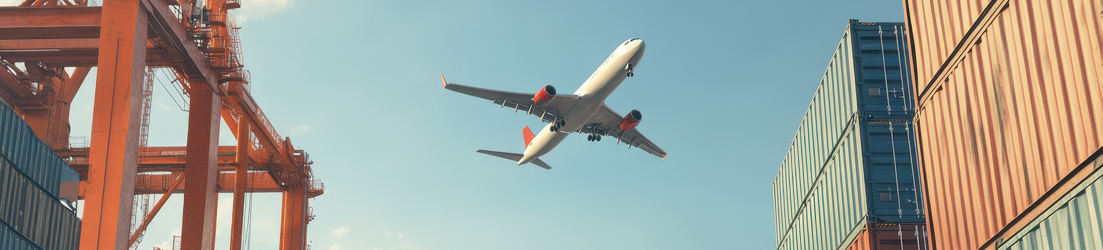 Photo d'un avion de ligne volant au dessus de conteneurs