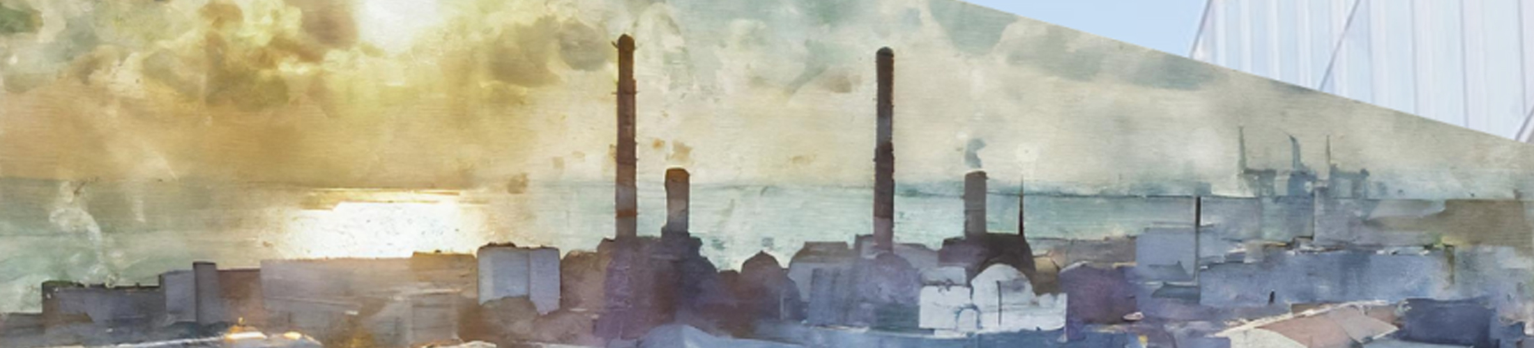 Aquarelle d'usines avec des cheminées fumantes