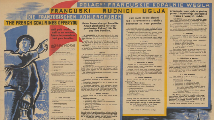 Ancienne affiche montrant un mineur et les consignes de sécurité en langues étrangères