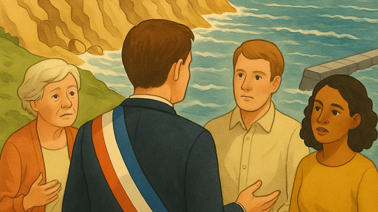 Illustration d'un maire parlant avec des citoyens avec la mer dans le fond