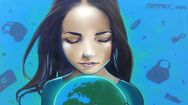 Photo d'une fresque murale représentant une jeune fille tenant dans ses mains un globe terrestre