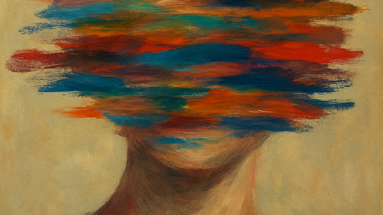 Peinture d'un visage de femme recouvert de traces de pinceau colorés