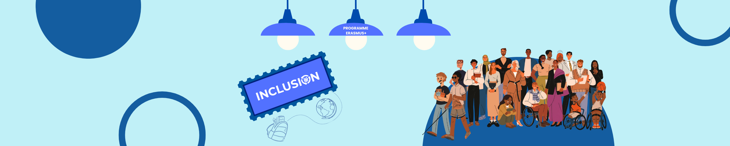 Bandeau représentant l'inclusion avec tout type de personnes (avec handicap moteur, invisible, financier, ...)