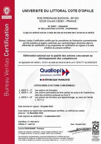 Photo du document de la certification Qualiopi du Bureau Veritas